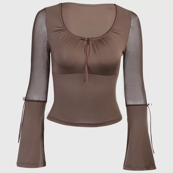 Shirt Mesh bell sleeve brown womens top clothing - Picture 1 of 4